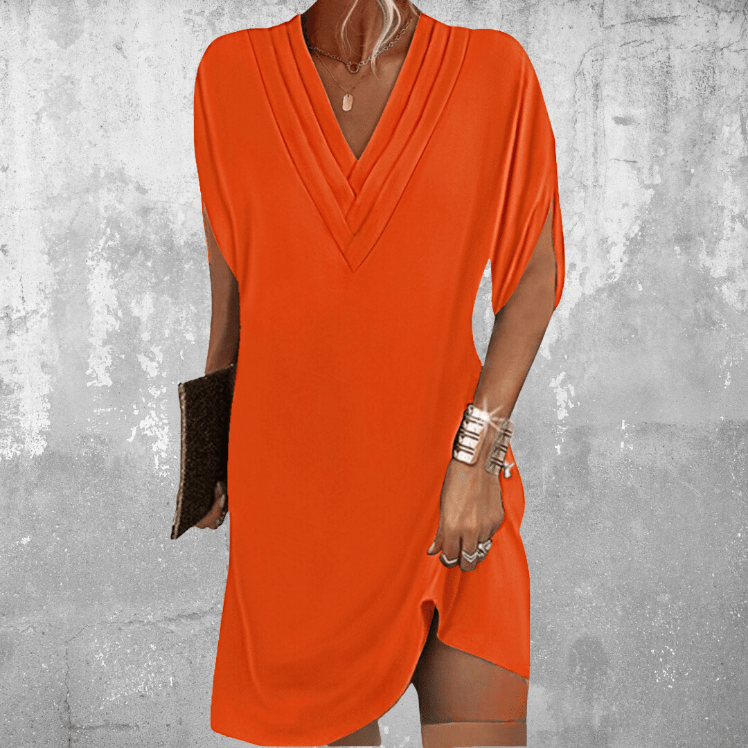 Thalia flattering V-neck midi dress with a relaxed, softly draping fit