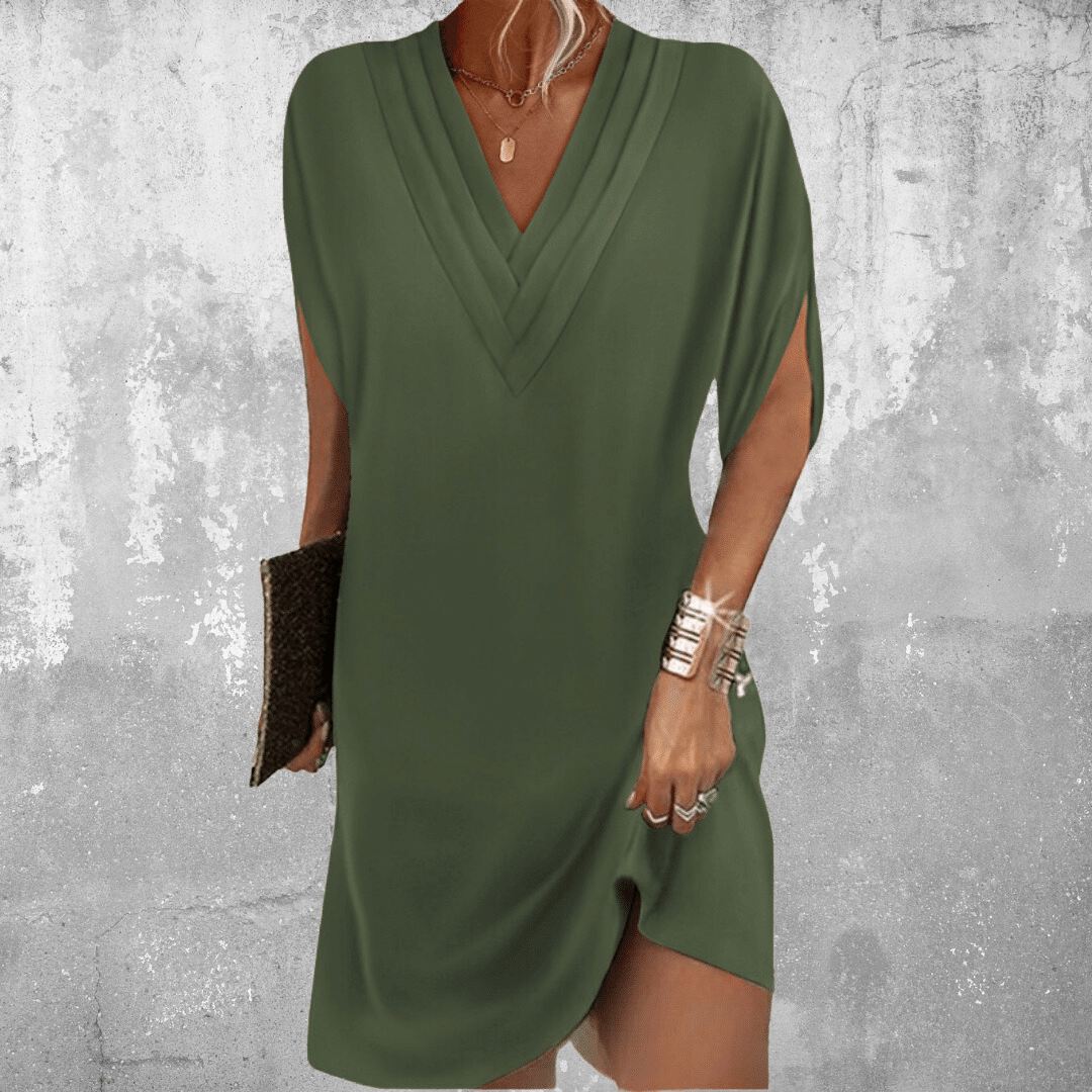 Thalia flattering V-neck midi dress with a relaxed, softly draping fit