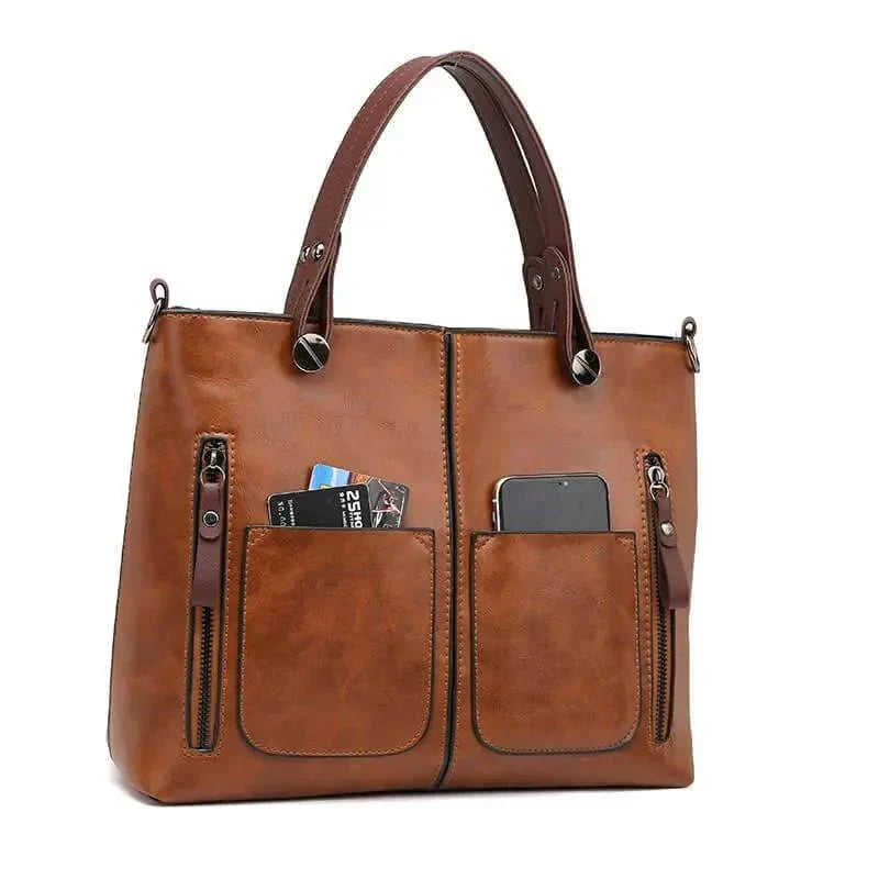 Dusk Serenity premium PU leather shoulder bag shown in brown, black and grey