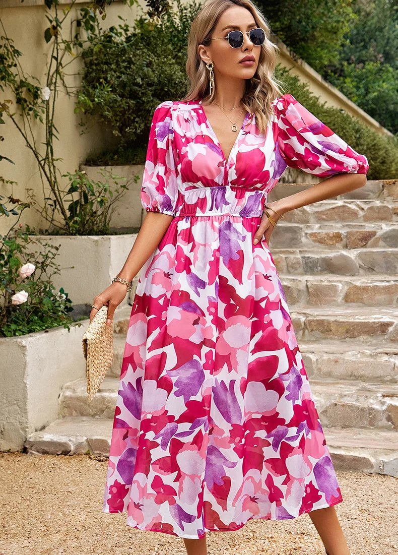 Allison floral midi dress with V-neckline, half sleeves and cinched waist