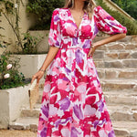 Allison floral midi dress with V-neckline, half sleeves and cinched waist