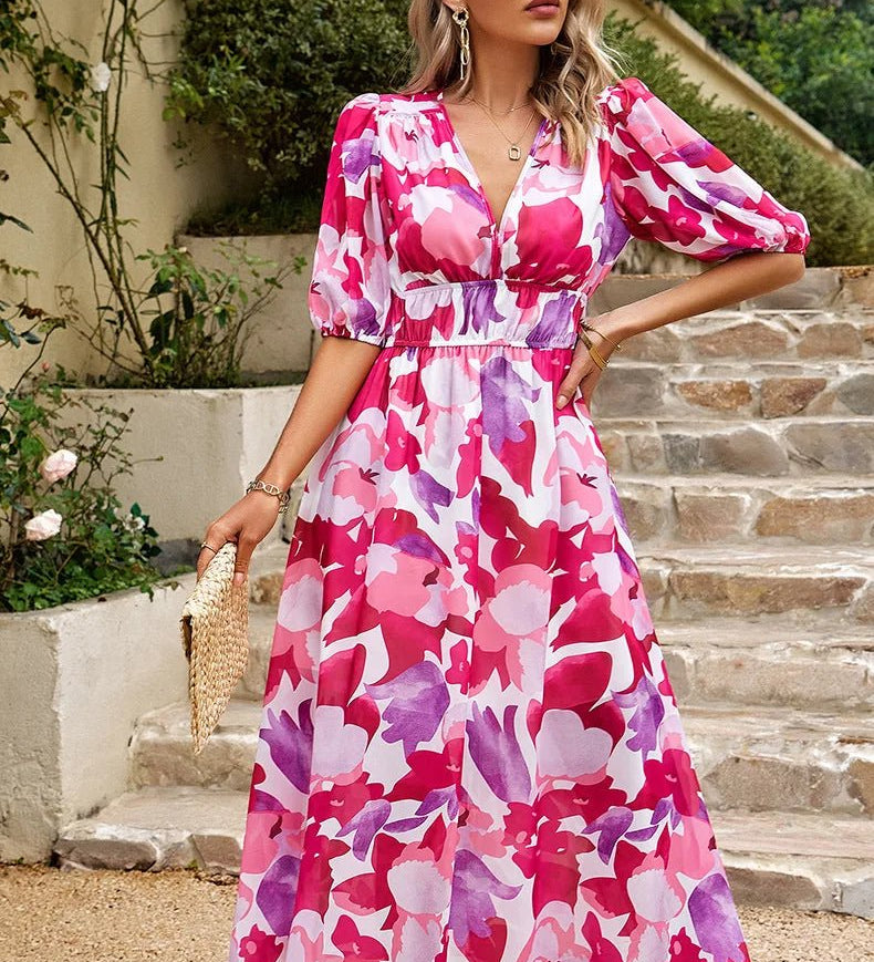 Allison floral midi dress with V-neckline, half sleeves and cinched waist