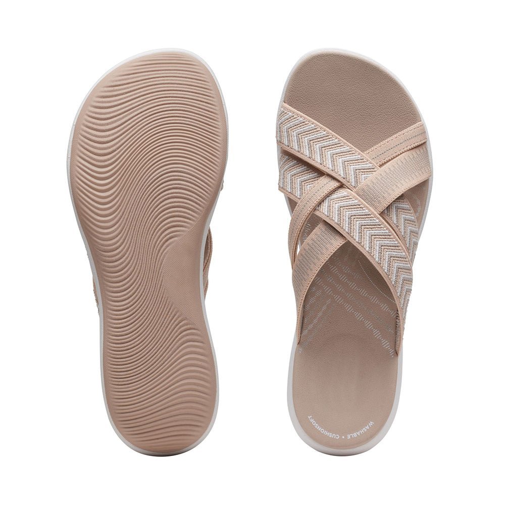 Harmony Walk orthopedic comfort sandals shown in black, beige, and light blue