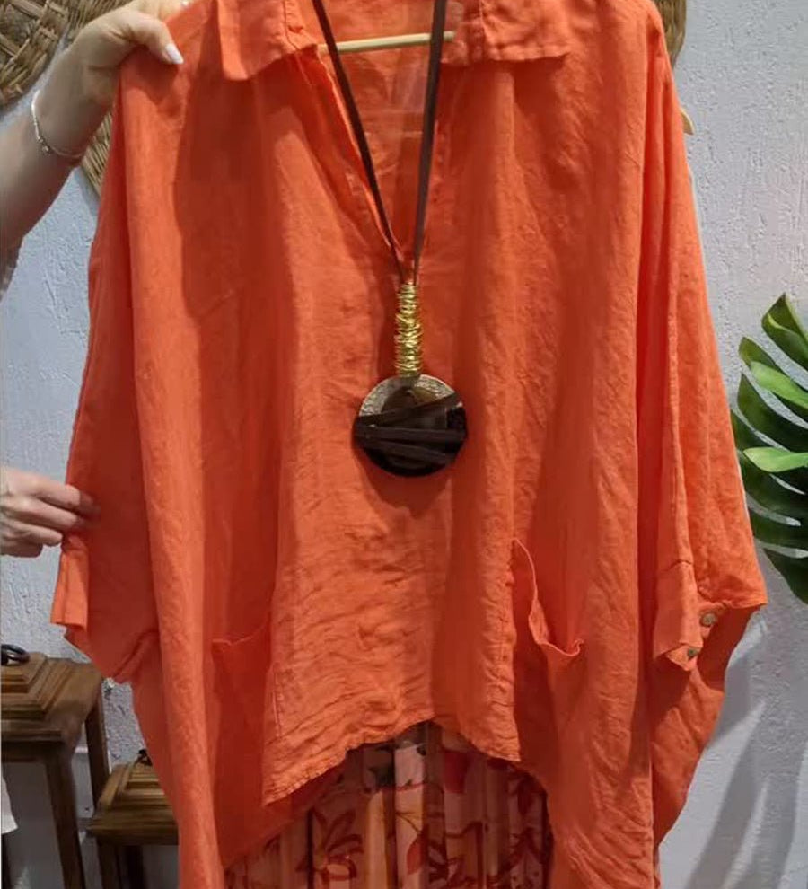 Lina breezy collared linen-cotton top with soft stand collar and relaxed fit