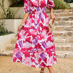 Allison floral midi dress with V-neckline, half sleeves and cinched waist