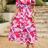 Allison floral midi dress with V-neckline, half sleeves and cinched waist