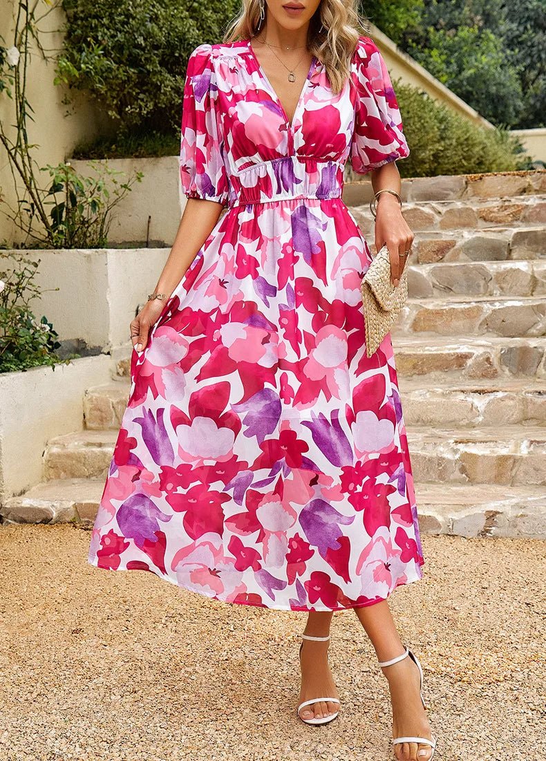Allison floral midi dress with V-neckline, half sleeves and cinched waist