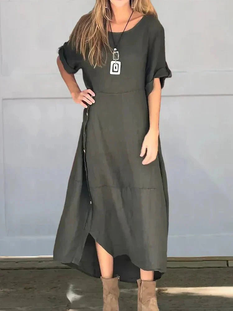 Islay luxe linen blend dress with relaxed fit, shown in a neutral sand shade