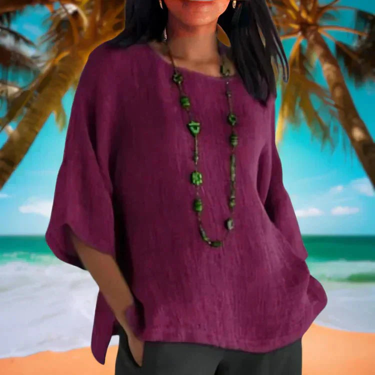 Necie radiant breezy cotton-linen blouse with relaxed fit and three-quarter sleeves