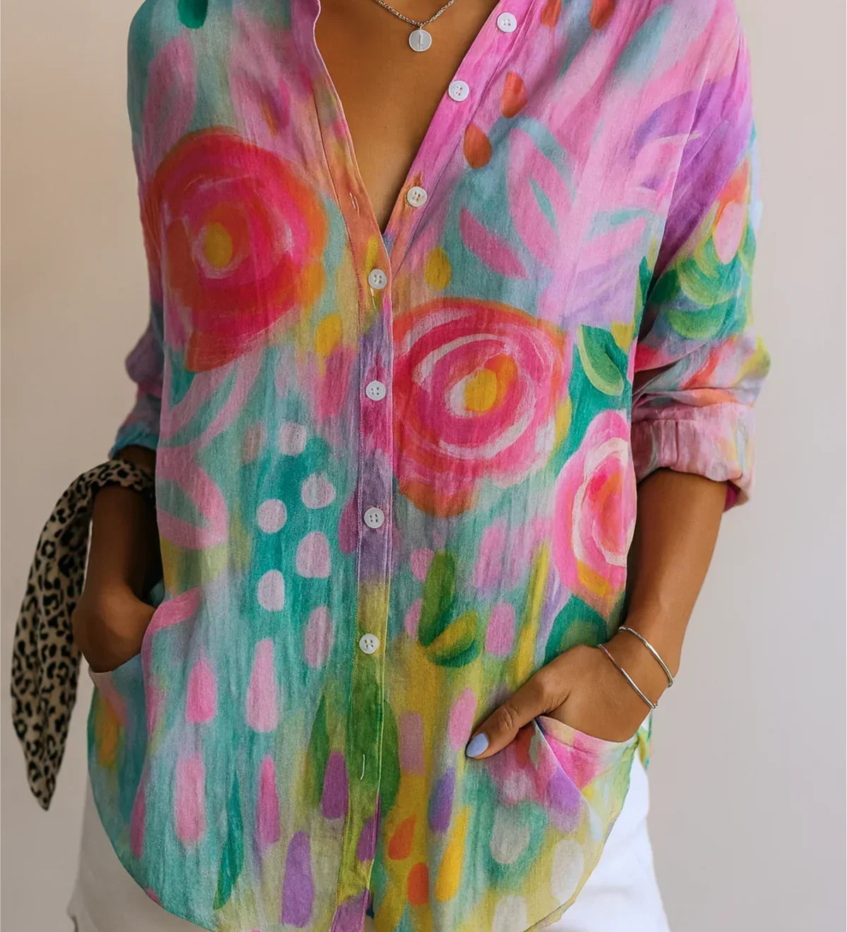 Astra colourful patterned blouse with a relaxed, flattering drape