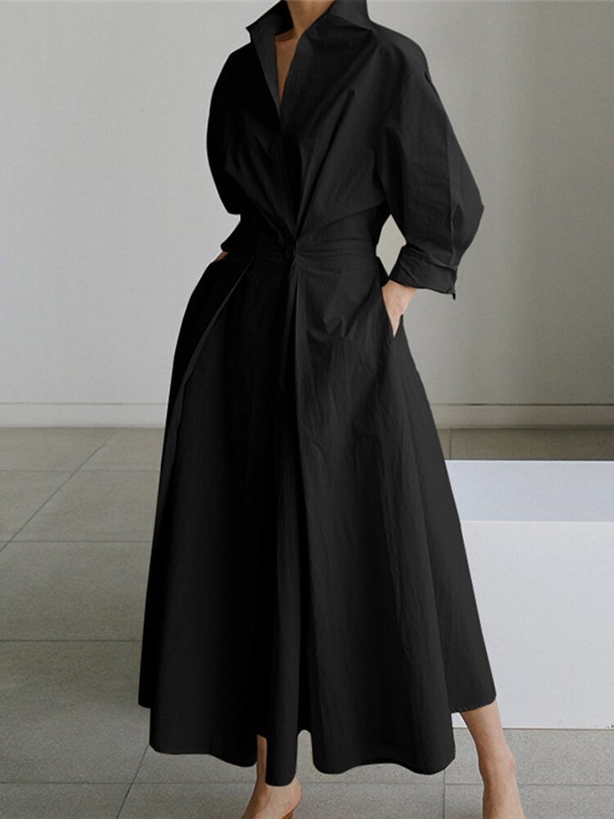 Luni bohemian maxi dress with retro lapel collar and elasticated waist in a solid colour