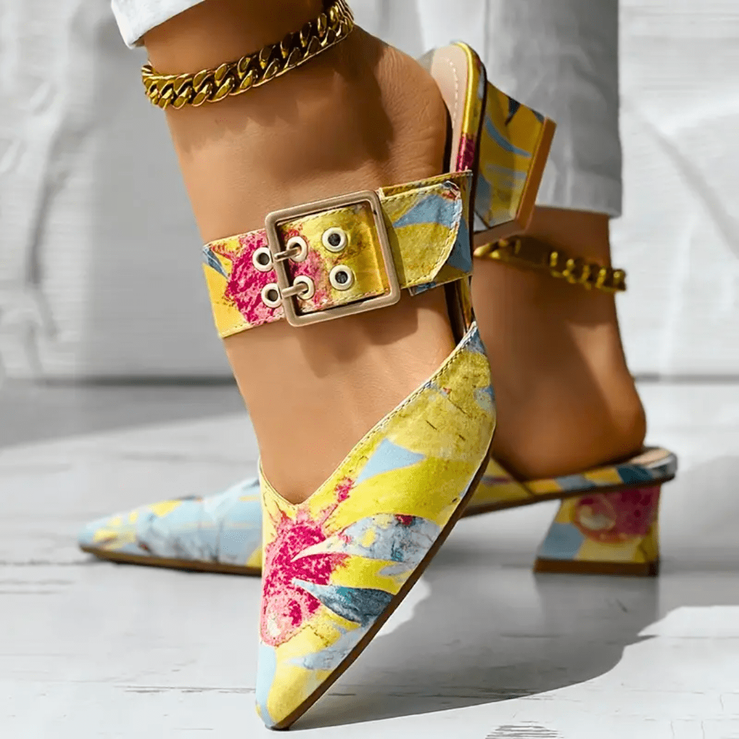 Bello bright rainbow heels in vivid orange, blue and yellow colour options