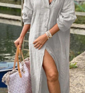 Cassy linen maxi dress with button-down front and side slit in a relaxed flowing fit