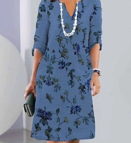 Eleanor floral layered tunic dress with flowing A-line silhouette in navy blue