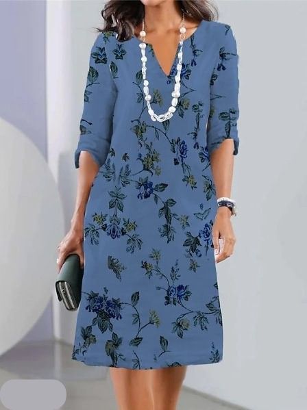 Eleanor floral layered tunic dress with flowing A-line silhouette in navy blue