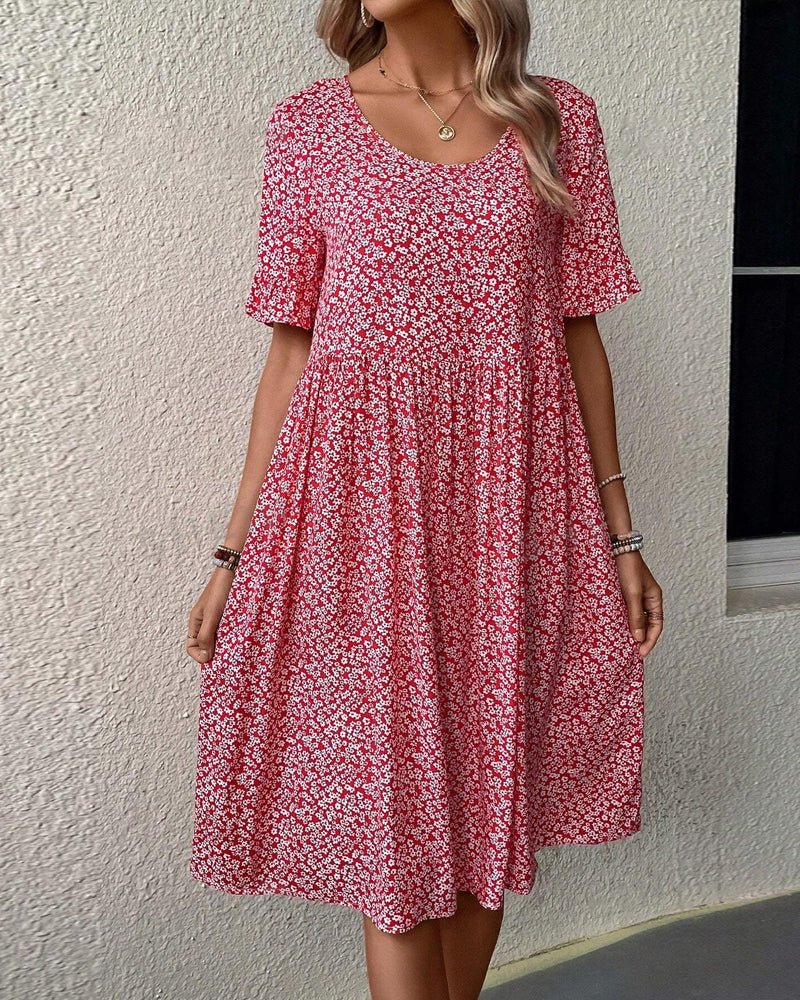 Anne elegant bloom midi dress in blue, red and green with a flattering feminine silhouette