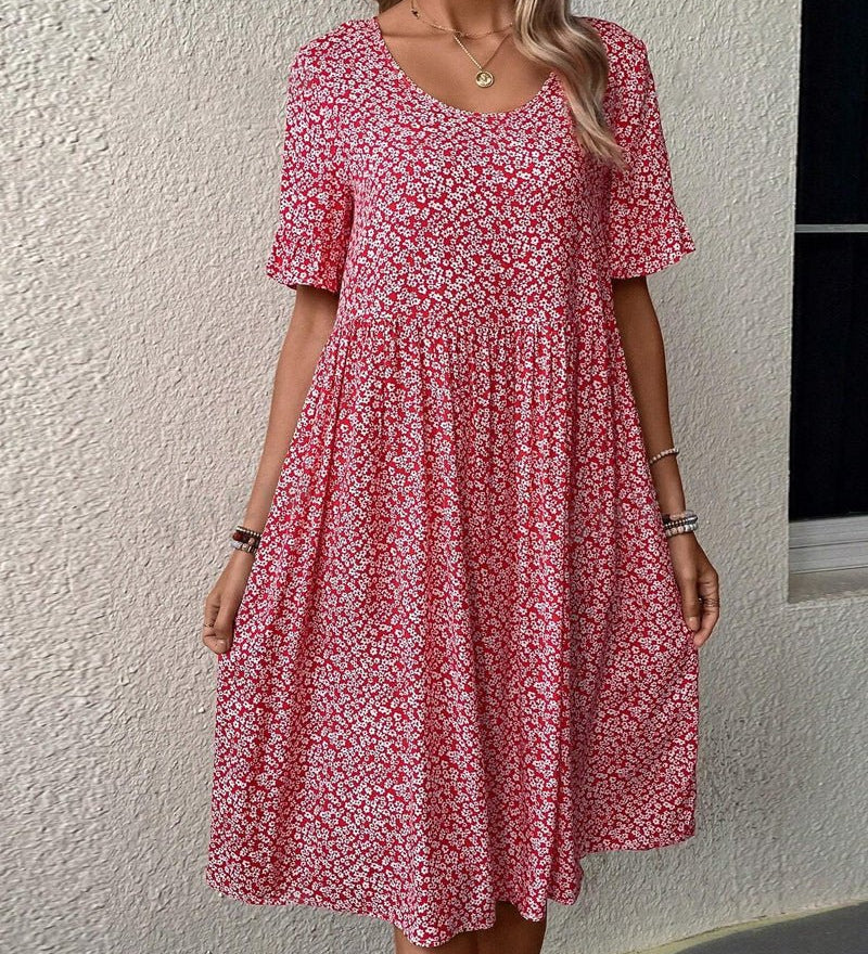Anne elegant bloom midi dress in blue, red and green with a flattering feminine silhouette