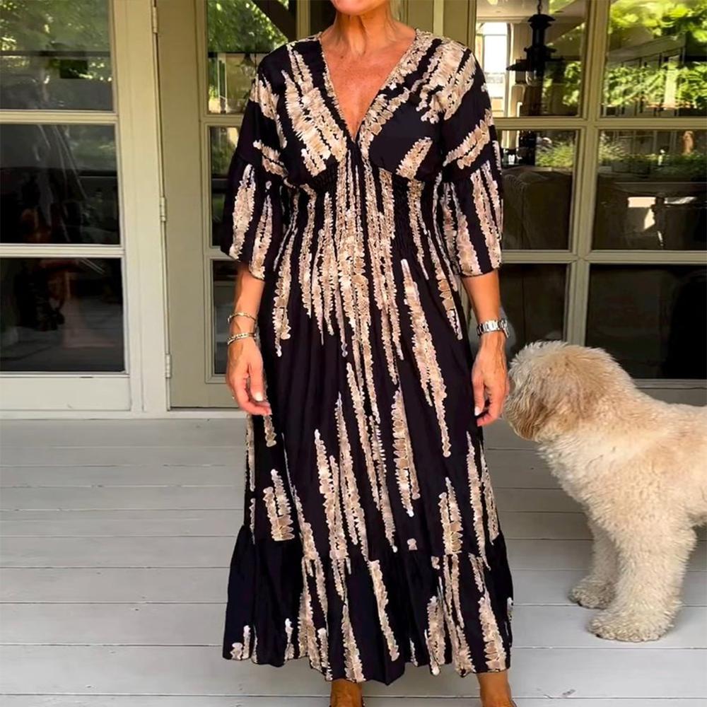 Macey black printed maxi dress with V-neckline and 3/4 sleeves