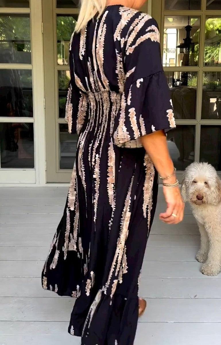 Macey black printed maxi dress with V-neckline and 3/4 sleeves
