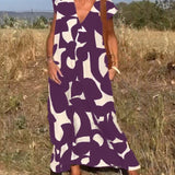 Amelia printed V-neck A-line dress in a flowing silhouette