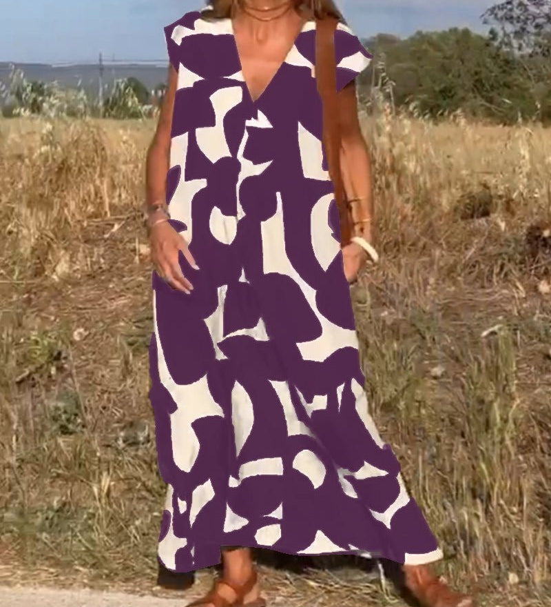 Amelia printed V-neck A-line dress in a flowing silhouette