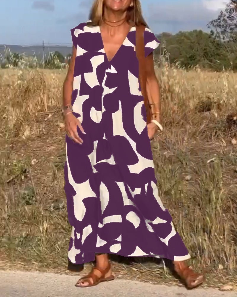 Amelia printed V-neck A-line dress in a flowing silhouette