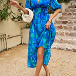 Allison floral midi dress with V-neckline, half sleeves and cinched waist
