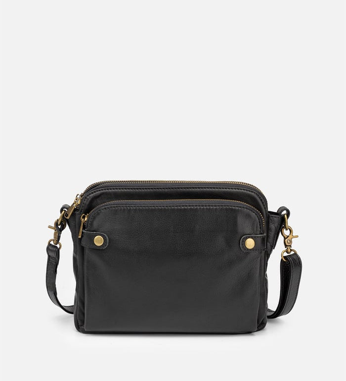 Kaya's Jewel full-grain leather shoulder bag shown in brown, blue, black and green