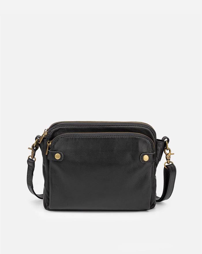 Kaya's Jewel full-grain leather shoulder bag shown in brown, blue, black and green