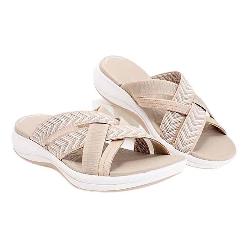 Harmony Walk orthopedic comfort sandals shown in black, beige, and light blue
