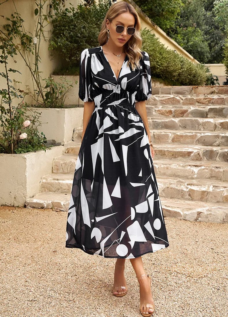 Allison floral midi dress with V-neckline, half sleeves and cinched waist