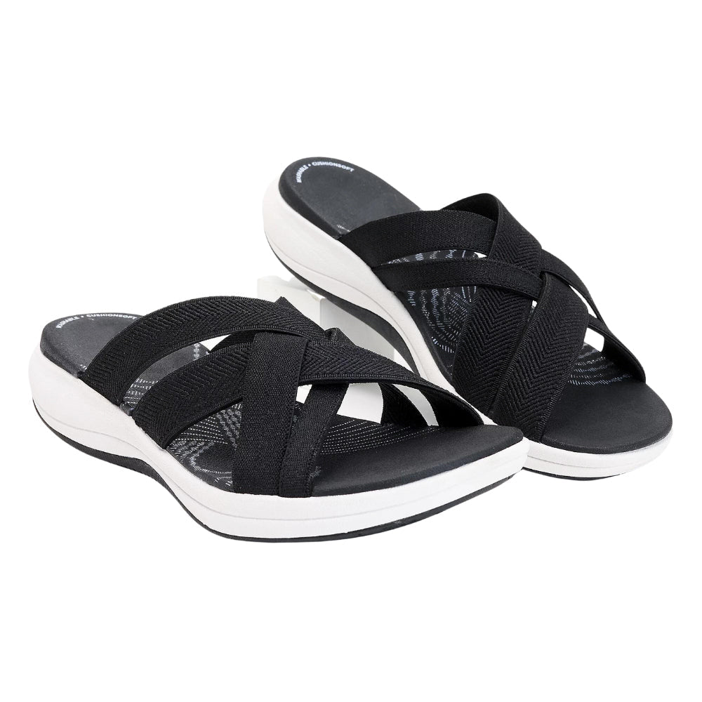 Harmony Walk orthopedic comfort sandals shown in black, beige, and light blue