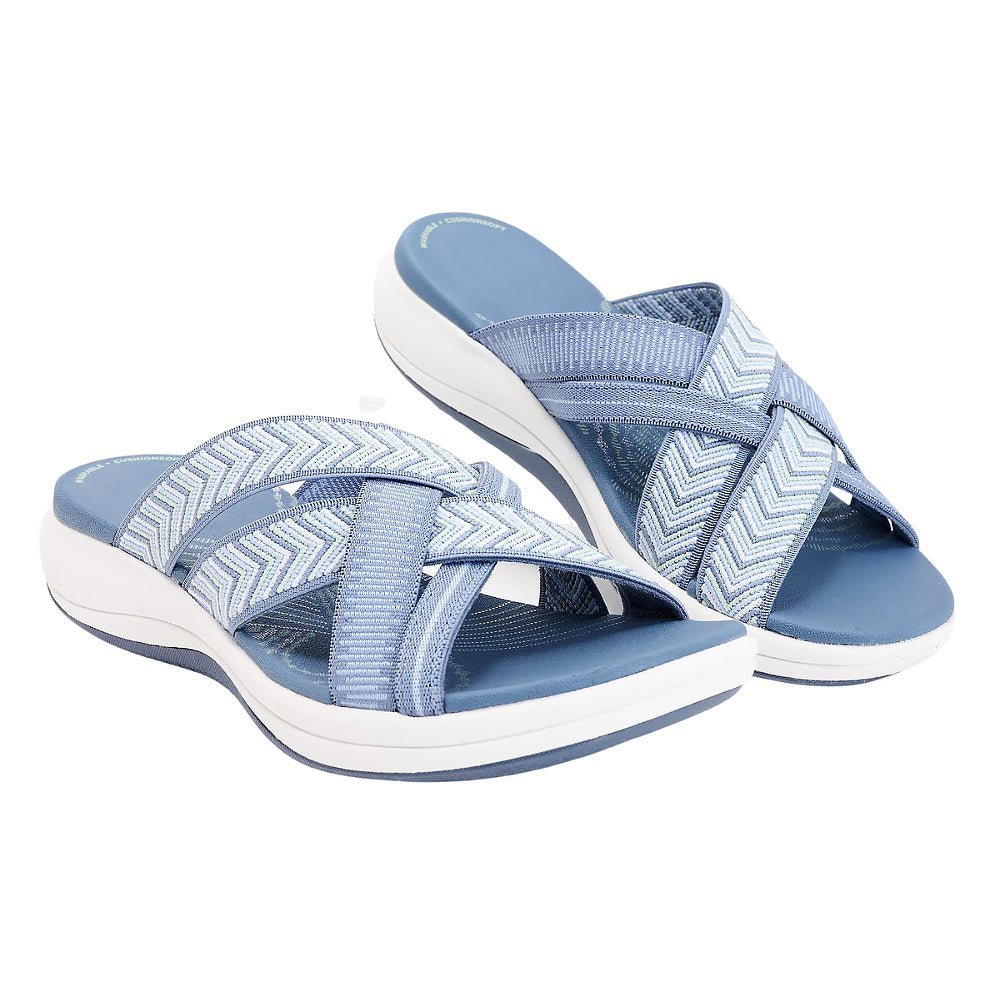 Harmony Walk orthopedic comfort sandals shown in black, beige, and light blue