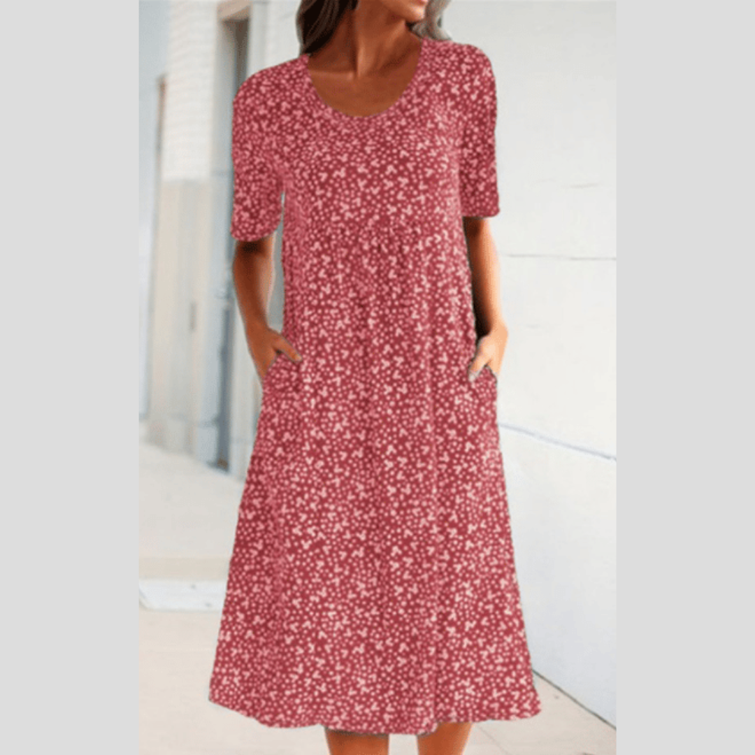 Lilo floral summer dress with mid-length cut and soft crew neckline