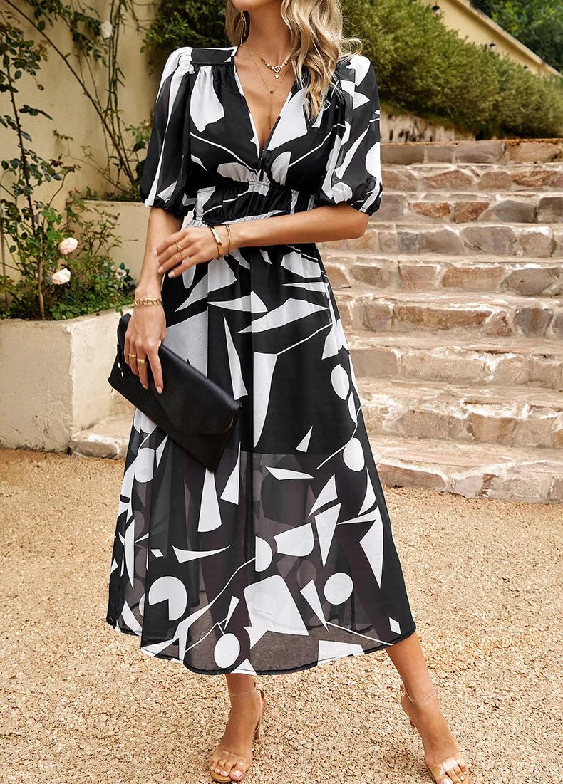 Allison floral midi dress with V-neckline, half sleeves and cinched waist