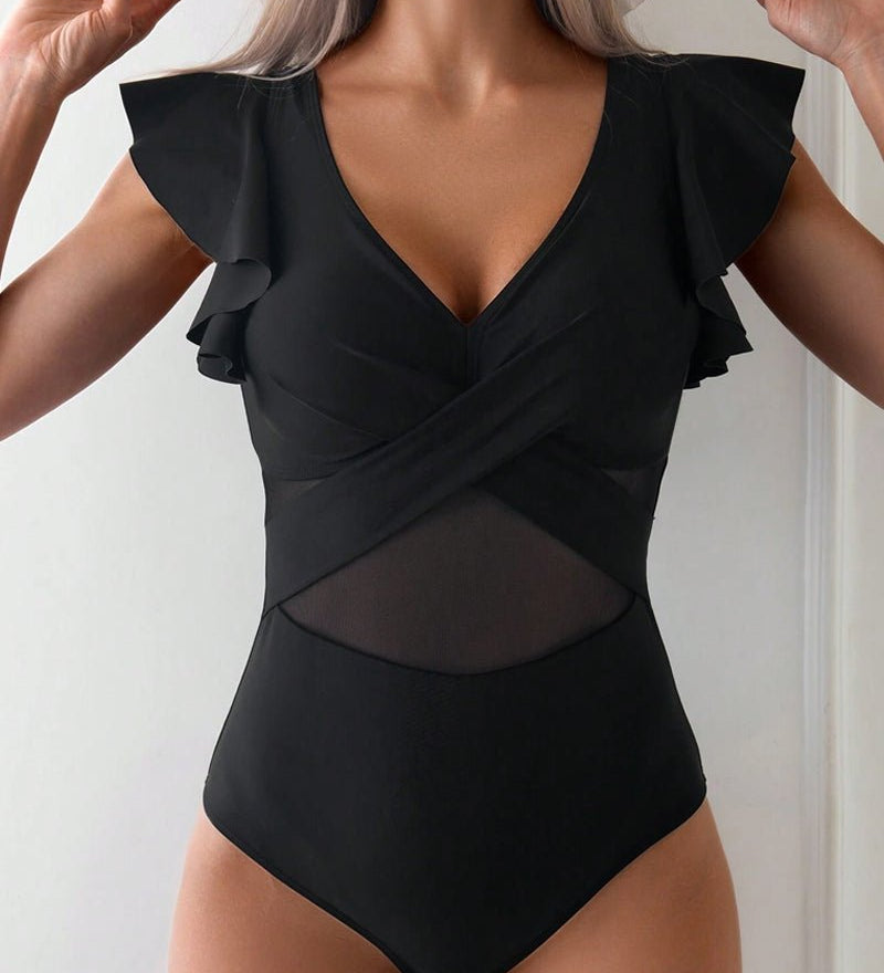 Juliet black ruffled one-piece swimsuit with a flattering feminine silhouette