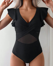Juliet black ruffled one-piece swimsuit with a flattering feminine silhouette