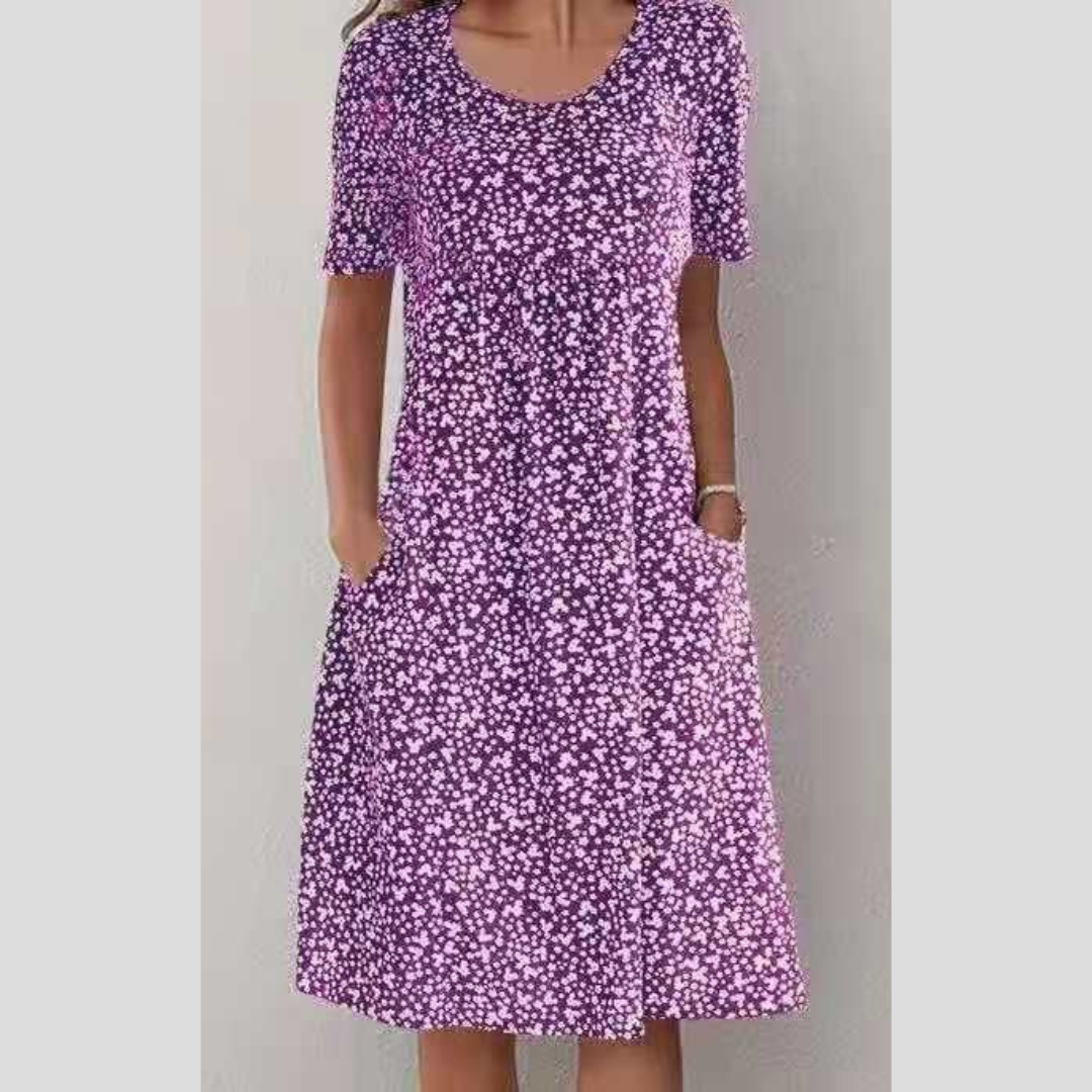 Lilo floral summer dress with mid-length cut and soft crew neckline