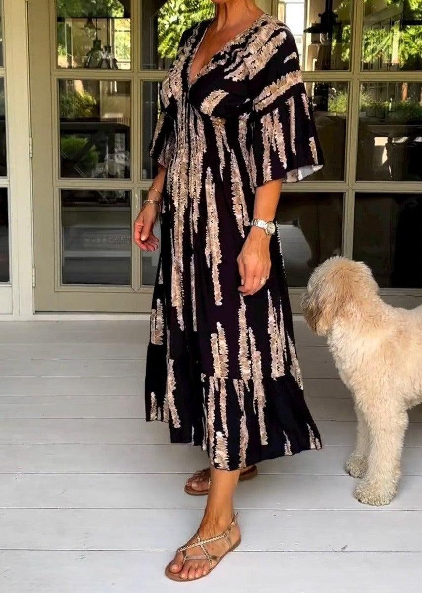 Macey black printed maxi dress with V-neckline and 3/4 sleeves