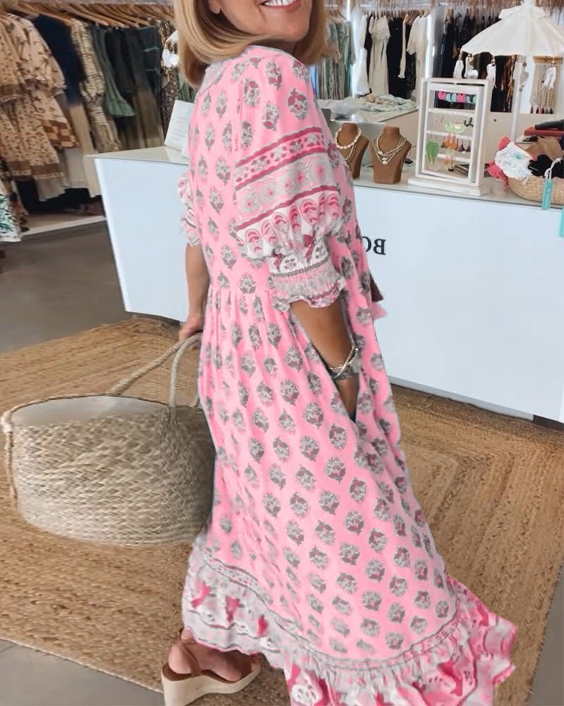 Mana floral v-neck dress shown in blue, green and pink