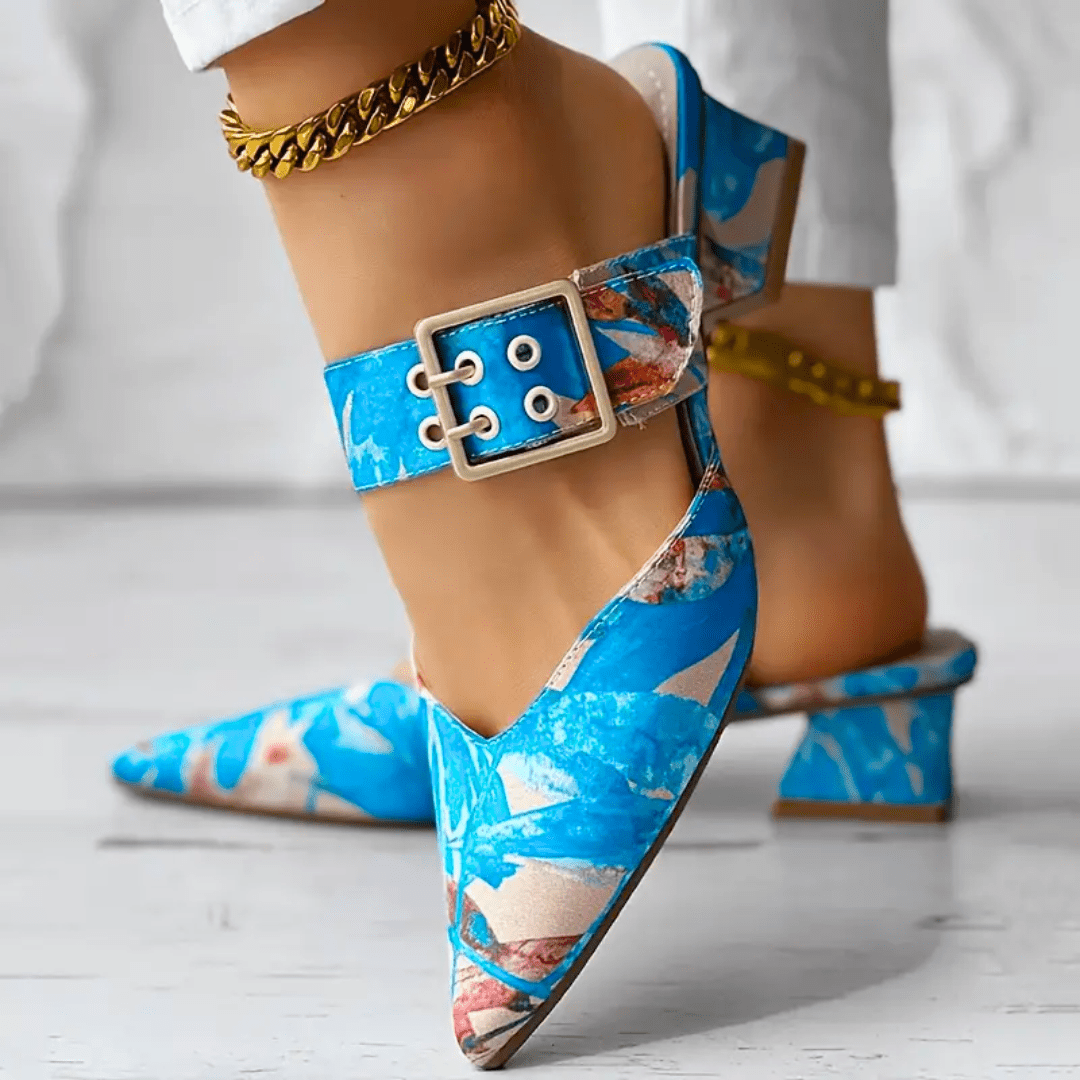 Bello bright rainbow heels in vivid orange, blue and yellow colour options