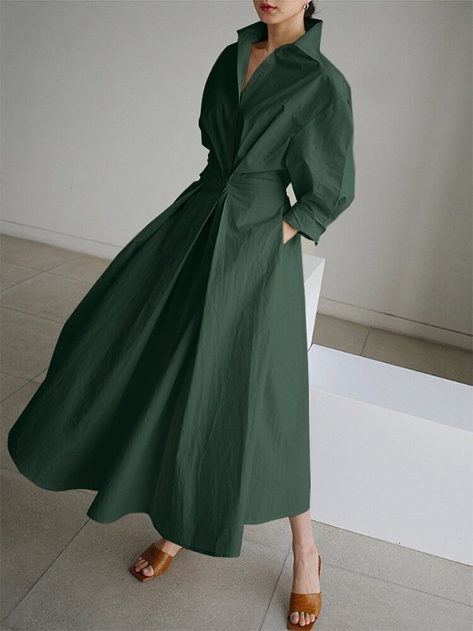 Luni bohemian maxi dress with retro lapel collar and elasticated waist in a solid colour