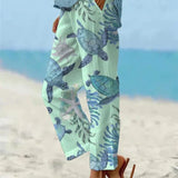 Sally relaxed casual pants with floral and turtle print in a light, easy-going colour
