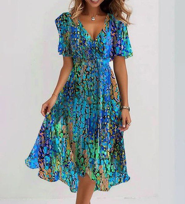 Sapphire blue short-sleeve midi dress with a flattering silhouette
