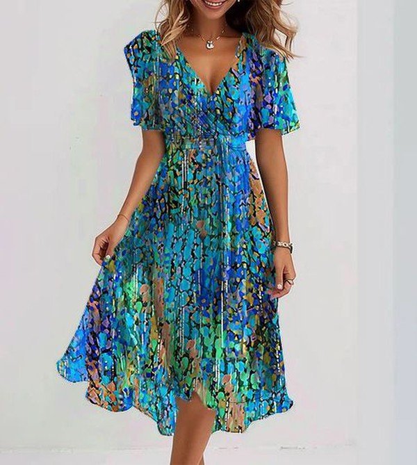 Sapphire blue short-sleeve midi dress with a flattering silhouette