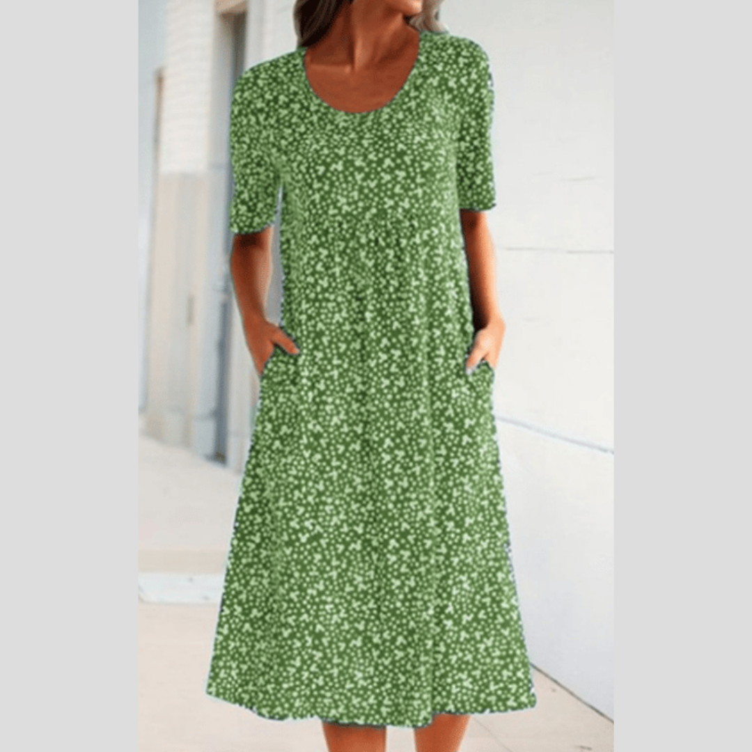 Lilo floral summer dress with mid-length cut and soft crew neckline