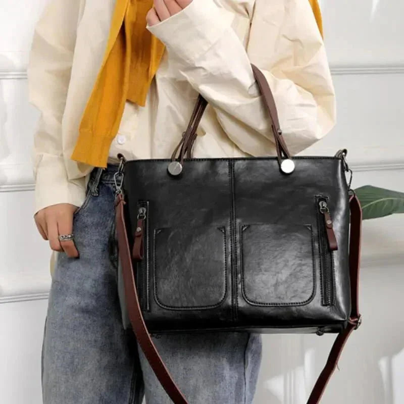 Dusk Serenity premium PU leather shoulder bag shown in brown, black and grey