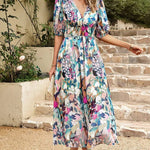 Allison floral midi dress with V-neckline, half sleeves and cinched waist