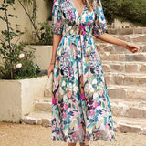 Allison floral midi dress with V-neckline, half sleeves and cinched waist
