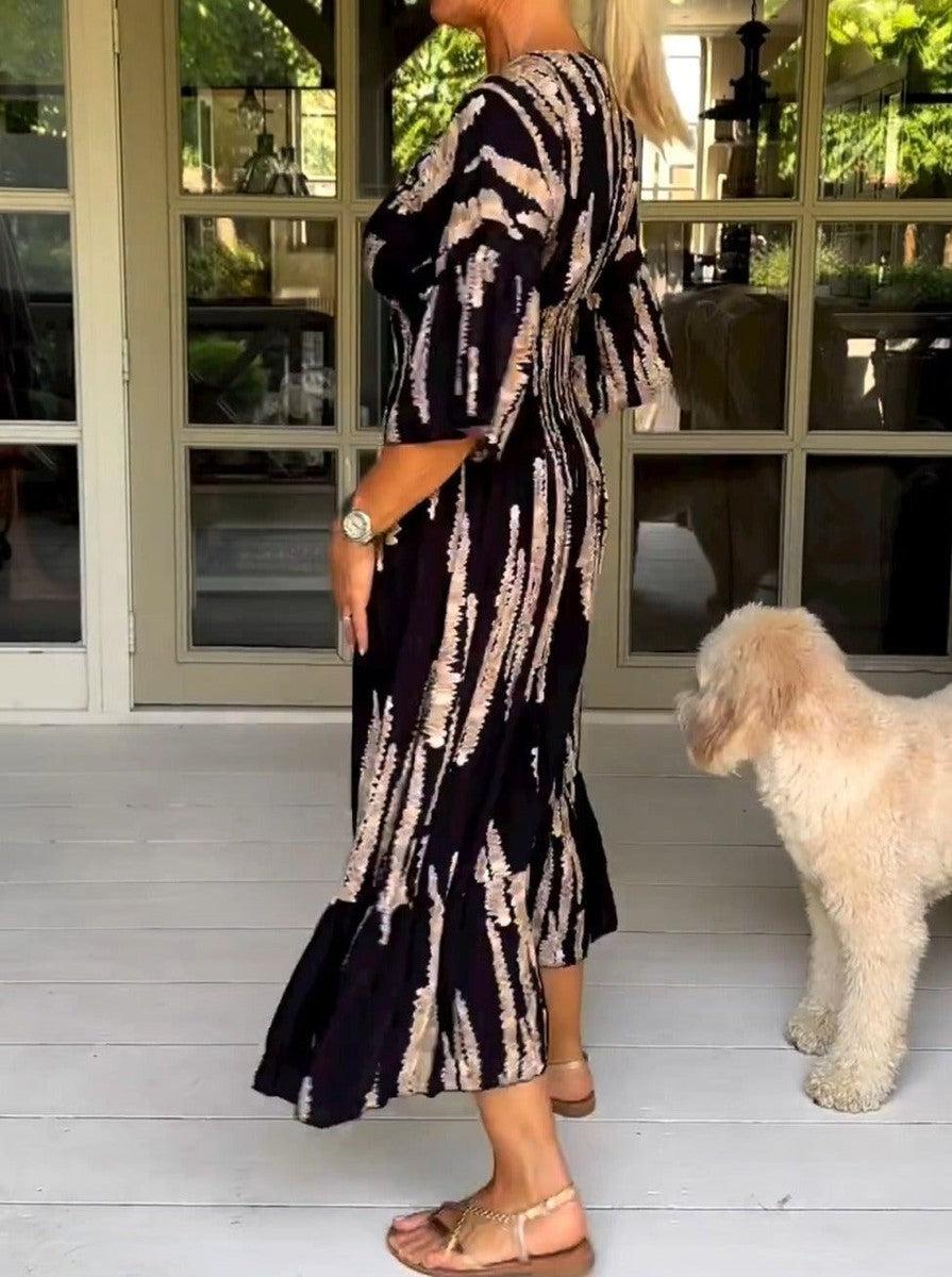 Macey black printed maxi dress with V-neckline and 3/4 sleeves